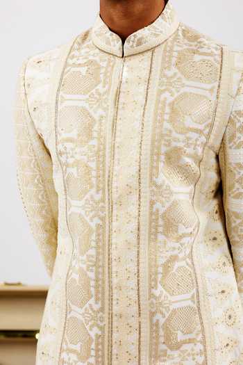 Buy_Agraj Jain_Ivory Silk, Cotton Embroidery, Sequins Mansingh Sherwani Set 