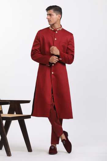 Buy_Agraj Jain_Maroon Silk, Cotton, Bamboo Embroidery Bond Street Sherwani Set _at_Aza_Fashions