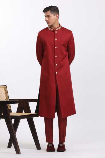 Agraj Jain_Maroon Silk, Cotton, Bamboo Embroidery Bond Street Sherwani Set _Online_at_Aza_Fashions