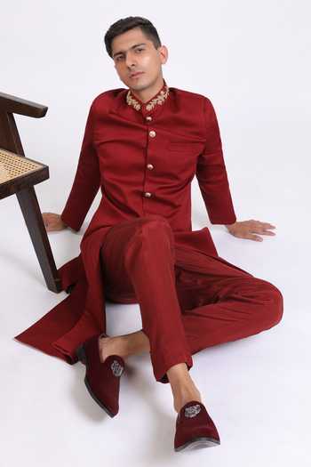 Buy_Agraj Jain_Maroon Silk, Cotton, Bamboo Embroidery Bond Street Sherwani Set _Online_at_Aza_Fashions