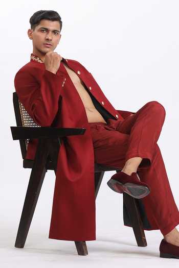 Shop_Agraj Jain_Maroon Silk, Cotton, Bamboo Embroidery Bond Street Sherwani Set _Online_at_Aza_Fashions