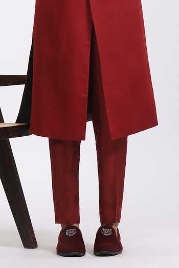 Agraj Jain_Maroon Silk, Cotton, Bamboo Embroidery Bond Street Sherwani Set _at_Aza_Fashions