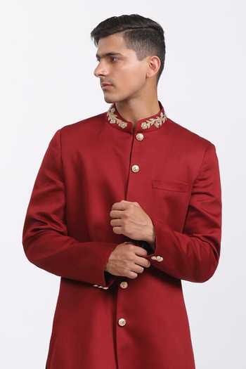 Buy_Agraj Jain_Maroon Silk, Cotton, Bamboo Embroidery Bond Street Sherwani Set 