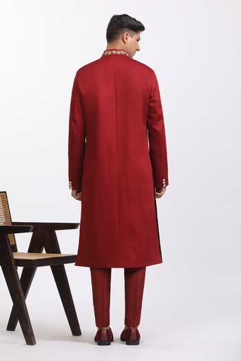 Shop_Agraj Jain_Maroon Silk, Cotton, Bamboo Embroidery Bond Street Sherwani Set _at_Aza_Fashions