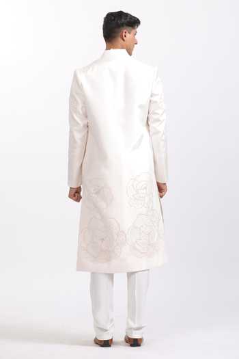 Shop_Agraj Jain_White Silk, Cotton, Bamboo Embroidery, Applique Pink Rose Sherwani Set _at_Aza_Fashions