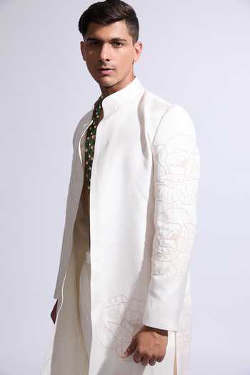 Agraj Jain_White Silk, Cotton, Bamboo Embroidery, Applique Pink Rose Sherwani Set _Online_at_Aza_Fashions