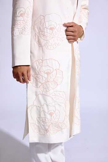 Buy_Agraj Jain_White Silk, Cotton, Bamboo Embroidery, Applique Pink Rose Sherwani Set _Online_at_Aza_Fashions