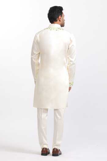 Shop_Agraj Jain_Ivory Silk, Cotton, Bamboo Embroidery, Mirrors Udaipur Work Kashmiri Kurta Set _at_Aza_Fashions