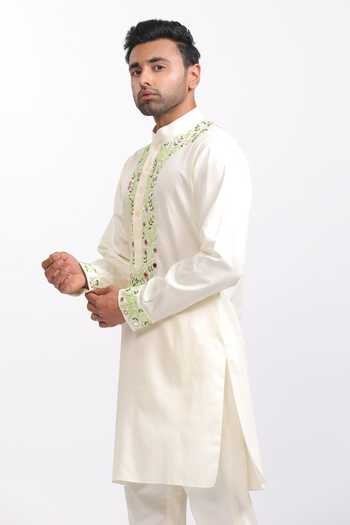 Buy_Agraj Jain_Ivory Silk, Cotton, Bamboo Embroidery, Mirrors Udaipur Work Kashmiri Kurta Set _Online_at_Aza_Fashions