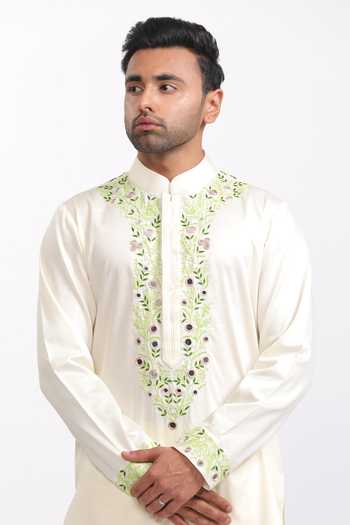 Shop_Agraj Jain_Ivory Silk, Cotton, Bamboo Embroidery, Mirrors Udaipur Work Kashmiri Kurta Set _Online_at_Aza_Fashions