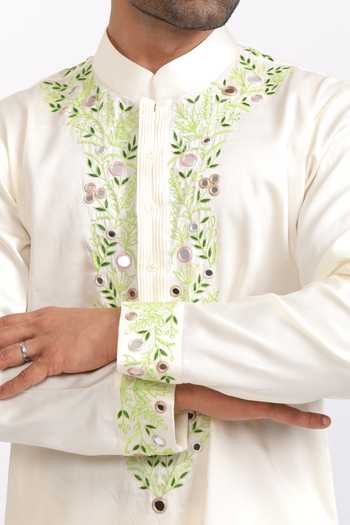 Agraj Jain_Ivory Silk, Cotton, Bamboo Embroidery, Mirrors Udaipur Work Kashmiri Kurta Set _at_Aza_Fashions
