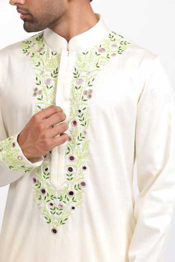 Buy_Agraj Jain_Ivory Silk, Cotton, Bamboo Embroidery, Mirrors Udaipur Work Kashmiri Kurta Set 