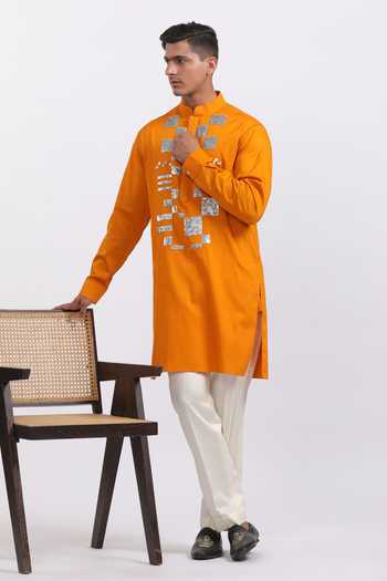 Buy_Agraj Jain_Orange Silk, Cotton, Bamboo Sequins Silver Geometric Box Kurta Set _at_Aza_Fashions