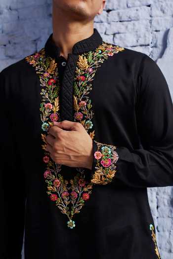 Shop_Agraj Jain_Black Silk, Cotton, Bamboo Embroidery, Zari Maharaja Kashmiri Kurta Set _Online_at_Aza_Fashions