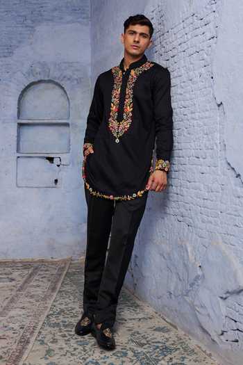 Agraj Jain_Black Silk, Cotton, Bamboo Embroidery, Zari Maharaja Kashmiri Kurta Set _at_Aza_Fashions