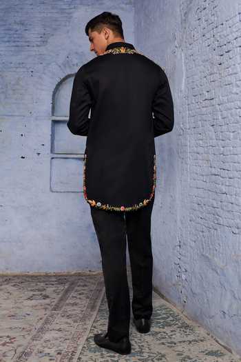 Agraj Jain_Black Silk, Cotton, Bamboo Embroidery, Zari Maharaja Kashmiri Kurta Set _Online_at_Aza_Fashions