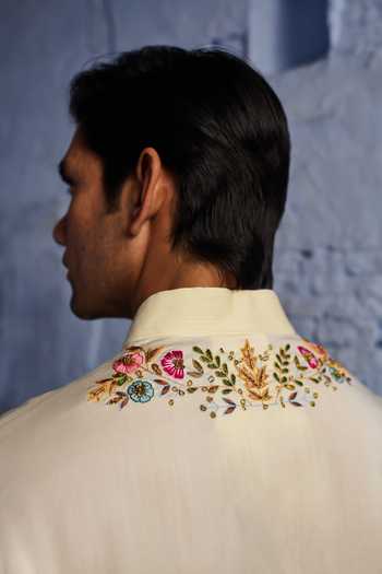 Agraj Jain_Ivory Silk, Cotton, Bamboo Embroidery, Zari Maharaja Kashmiri Kurta Set _Online_at_Aza_Fashions