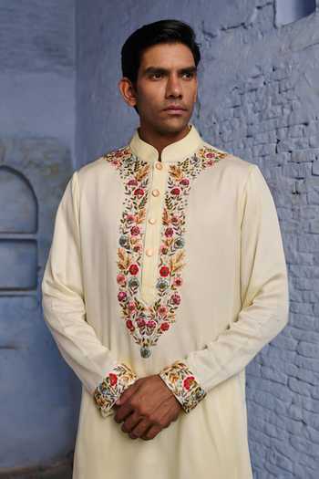 Shop_Agraj Jain_Ivory Silk, Cotton, Bamboo Embroidery, Zari Maharaja Kashmiri Kurta Set _Online_at_Aza_Fashions