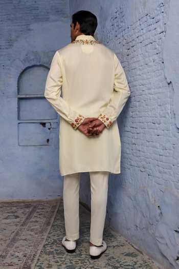 Shop_Agraj Jain_Ivory Silk, Cotton, Bamboo Embroidery, Zari Maharaja Kashmiri Kurta Set _at_Aza_Fashions