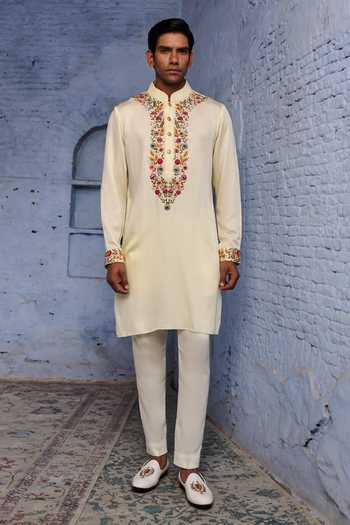 Buy_Agraj Jain_Ivory Silk, Cotton, Bamboo Embroidery, Zari Maharaja Kashmiri Kurta Set _at_Aza_Fashions