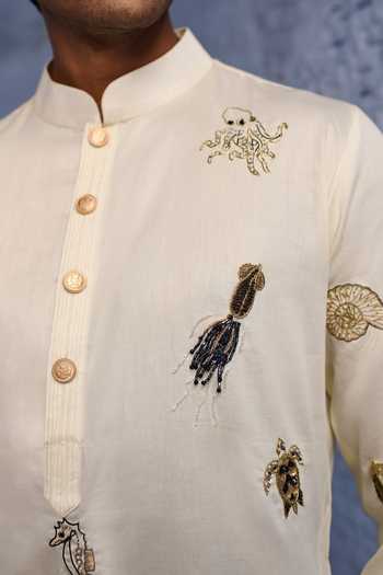 Agraj Jain_Ivory Silk, Cotton, Bamboo Embroidery Marine Life Kurta Set _Online_at_Aza_Fashions
