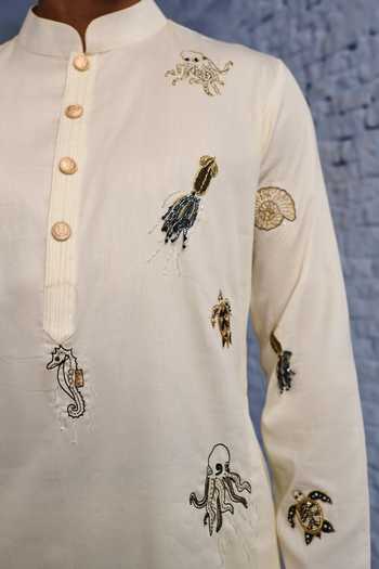 Buy_Agraj Jain_Ivory Silk, Cotton, Bamboo Embroidery Marine Life Kurta Set _Online_at_Aza_Fashions