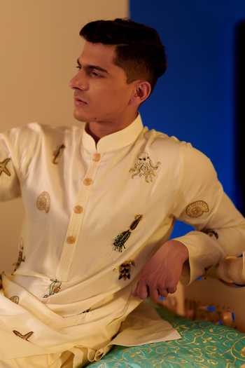 Shop_Agraj Jain_Ivory Silk, Cotton, Bamboo Embroidery Marine Life Kurta Set _Online_at_Aza_Fashions