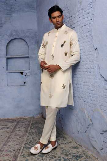Buy_Agraj Jain_Ivory Silk, Cotton, Bamboo Embroidery Marine Life Kurta Set _at_Aza_Fashions