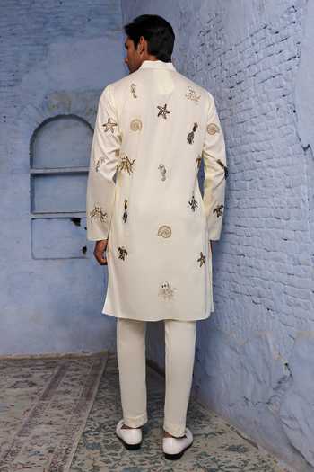 Shop_Agraj Jain_Ivory Silk, Cotton, Bamboo Embroidery Marine Life Kurta Set _at_Aza_Fashions