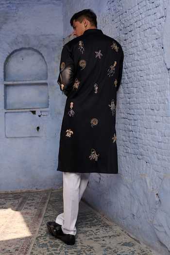 Shop_Agraj Jain_Black Silk, Cotton, Bamboo Embroidery, Zari Marine Life Kurta Set _at_Aza_Fashions