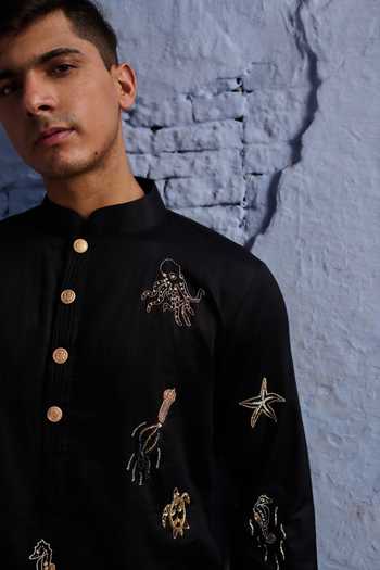 Agraj Jain_Black Silk, Cotton, Bamboo Embroidery, Zari Marine Life Kurta Set _Online_at_Aza_Fashions