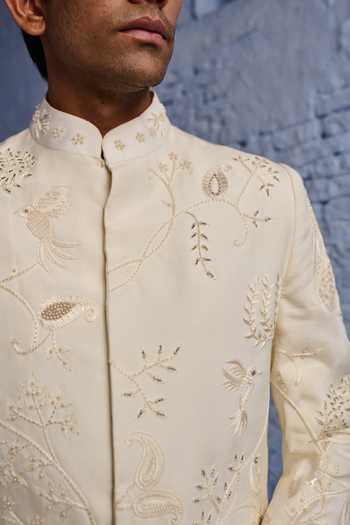 Agraj Jain_Ivory Silk, Bamboo Embroidery, Beads, Pearls Hand Sherwani Jacket And Pant Set _Online_at_Aza_Fashions