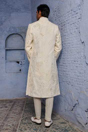 Shop_Agraj Jain_Ivory Silk, Bamboo Embroidery, Beads, Pearls Hand Sherwani Jacket And Pant Set _at_Aza_Fashions
