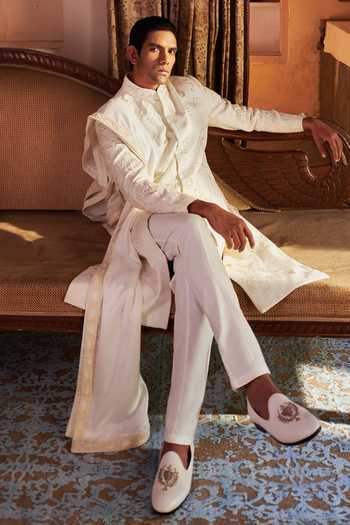 Buy_Agraj Jain_Ivory Silk, Bamboo Embroidery, Beads, Pearls Hand Sherwani Jacket And Pant Set _Online_at_Aza_Fashions