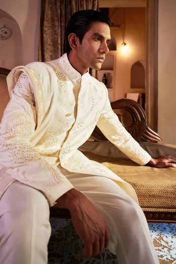 Shop_Agraj Jain_Ivory Silk, Bamboo Embroidery, Beads, Pearls Hand Sherwani Jacket And Pant Set _Online_at_Aza_Fashions