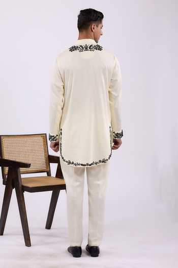 Shop_Agraj Jain_Ivory Silk, Cotton Embroidery, Crystals Kashmiri Round Edge Kurta Set _at_Aza_Fashions