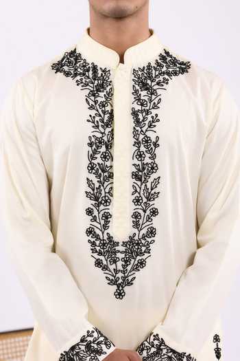 Agraj Jain_Ivory Silk, Cotton Embroidery, Crystals Kashmiri Round Edge Kurta Set _Online_at_Aza_Fashions