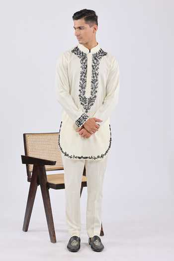 Buy_Agraj Jain_Ivory Silk, Cotton Embroidery, Crystals Kashmiri Round Edge Kurta Set _Online_at_Aza_Fashions