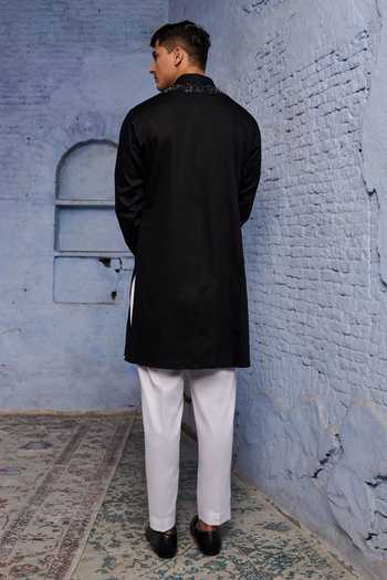 Shop_Agraj Jain_Black Silk, Cotton Embroidery, Crystals Kashmiri Kurta Set _at_Aza_Fashions