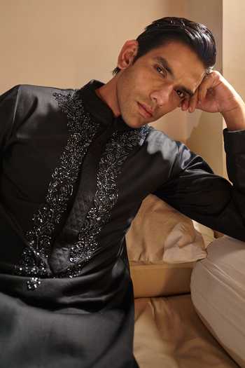 Buy_Agraj Jain_Black Silk, Cotton Embroidery, Crystals Kashmiri Kurta Set _Online_at_Aza_Fashions