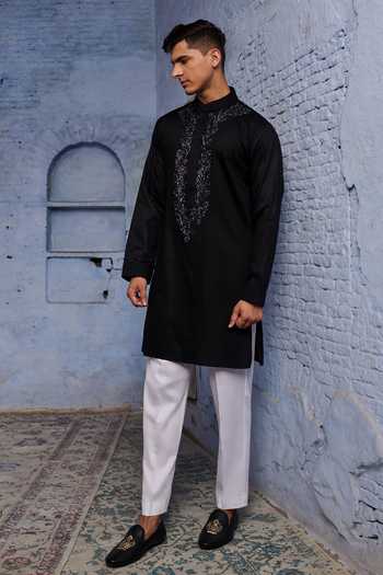 Buy_Agraj Jain_Black Silk, Cotton Embroidery, Crystals Kashmiri Kurta Set _at_Aza_Fashions