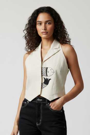 Buy_Orthodox_Beige Denim Notched Neck Outline Fish Embroidered Vest _at_Aza_Fashions