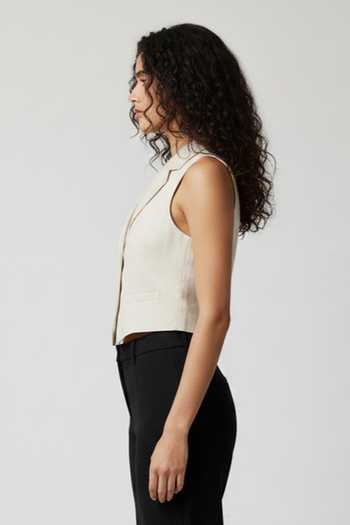 Orthodox_Beige Denim Notched Neck Outline Fish Embroidered Vest _Online_at_Aza_Fashions