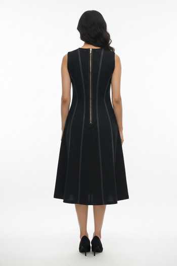 Shop_Orthodox_Black Denim Embroidery Round Neck Drift Panel Fish Dress _at_Aza_Fashions