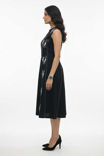 Orthodox_Black Denim Embroidery Round Neck Drift Panel Fish Dress _Online_at_Aza_Fashions