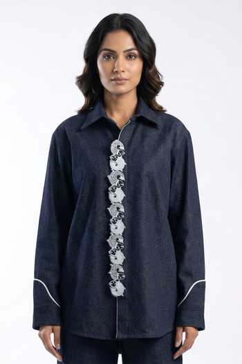 Buy_Orthodox_Blue Denim Embroidery Collared Wave Madkhan Fish Shirt _at_Aza_Fashions