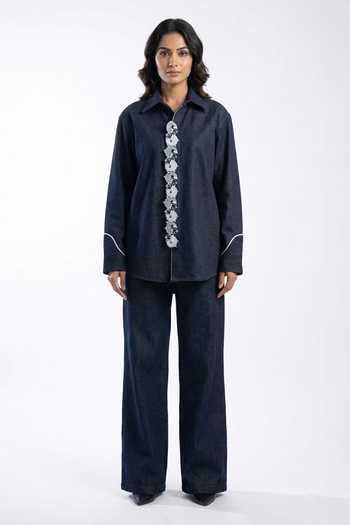 Orthodox_Blue Denim Embroidery Collared Wave Madkhan Fish Shirt _Online_at_Aza_Fashions