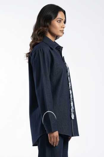 Buy_Orthodox_Blue Denim Embroidery Collared Wave Madkhan Fish Shirt _Online_at_Aza_Fashions