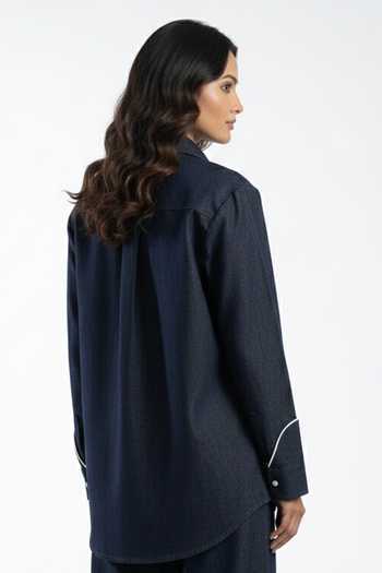 Shop_Orthodox_Blue Denim Embroidery Collared Wave Madkhan Fish Shirt _at_Aza_Fashions
