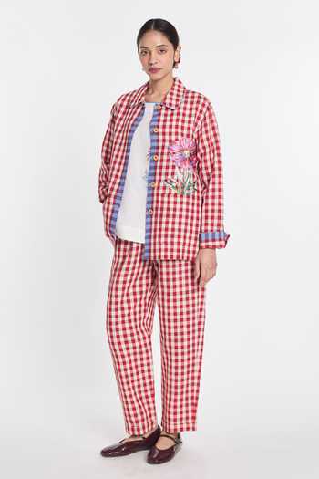 Payal Pratap_Red Linen, Handloom Cotton Embroidery Cherry Gingham Jacket _Online_at_Aza_Fashions